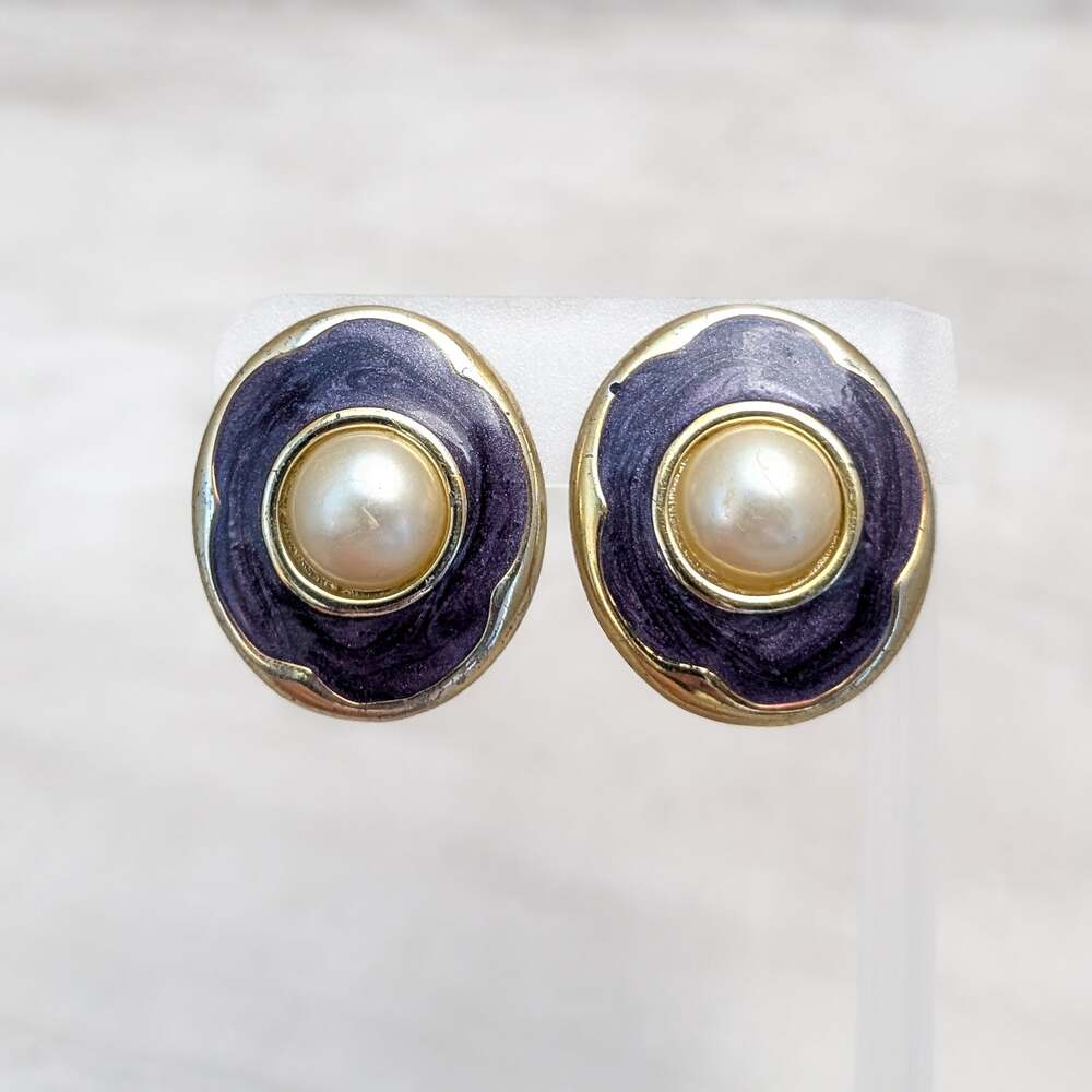 Vintage Clip On Earrings Large Dark Purple, Gold Tone, Faux Pearl Oval Statement